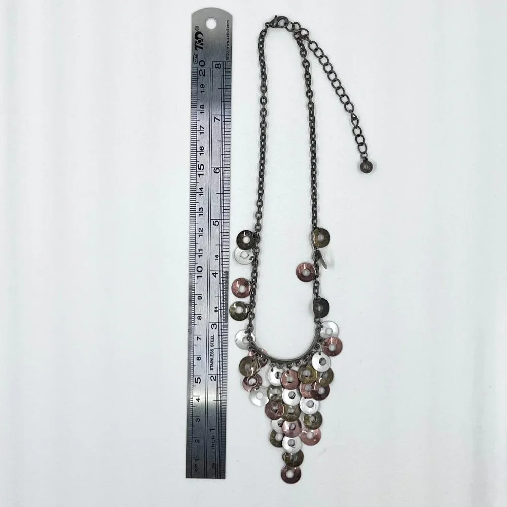 BOHO Vibes Tri-Colored Disk Dangle Brass Tone 14” Chain Choker Necklace - Picture 4 of 8